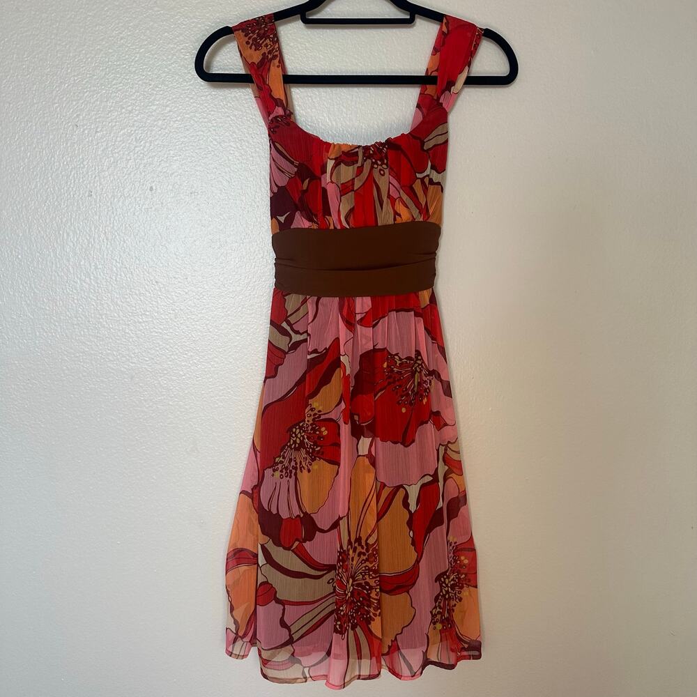 Roulette Floral Chiffon Midi Dress Size 4 Red Pink Brown Tie Waist Boho Y2K